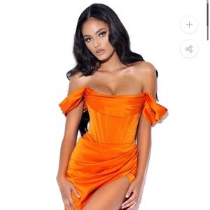 MISS CIRCLE Wiley Orange Satin Off Shoulder Corset Dress